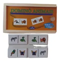 Dominó C/ Animais Bichos Pedagógico Com 28 Peças Em Madeira