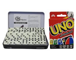 Dominó Profissional Estojo Lata 28 Pçs e Jogo de Cartas Uno Mattel Original com 3 Cartas para Personalizar Jogos de Tabuleiro