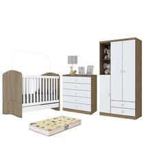 Dormitório Bala de Menta com Guarda Roupa, Cômoda, Berço Rústico/Branco e Colchão - Móveis Henn