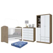 Dormitório Bala de Menta Guarda Roupa, Cômoda e Berço Rústico/Branco com Colchão - Móveis Henn