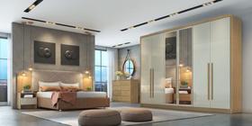 Dormitório Casal Completo com Espelho 3 Peças 6 Portas 16 Gavetas - Livorno-Cumaru/Fendi - Móveis Novo Horizonte