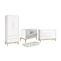 Dormitório Classic 2 Portas e Cômoda com Porta Branco com Pés Madeira Natural - Reller Móveis Dormitório Classic 2 Portas e Cômoda com Porta Branco com Pés Madeira Natural - Reller Móveis