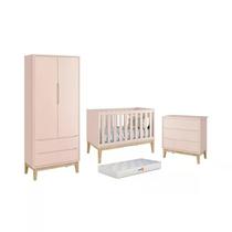 Dormitório Classic 2 Portas Rosa com Pés Madeira Natural e Colchão D18 Branco - Reller Móveis