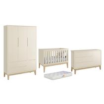 Dormitório Classic 3 Portas com Pés Madeira Natural e Colchão D18 Branco - Reller Móveis Dormitório Classic 3 Portas com Pés Madeira Natural e Colchão D18 Branco - Reller Móveis