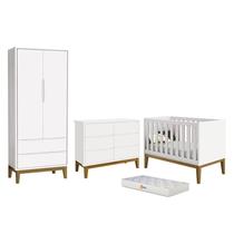 Dormitório Completo Infantil Classic 2 Portas, Cômoda 6 Gavetas, Berço Branco Fosco com Pés Amadeirado e Colchão D18 - Reller Móveis Dormitório Completo Infantil Classic 2 Portas, Cômoda 6 Gavetas, Berço Branco Fosco com Pés Amadeirado e Colchão D18 - Reller Móveis