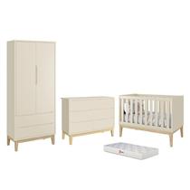 Dormitório Completo Infantil Classic 2 Portas, Cômoda 6 Gavetas, Berço com Pés Madeira Natural e Colchão D18 - Reller Móveis