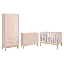 Dormitório Completo Infantil Classic 2 Portas, Cômoda 6 Gavetas e Berço Rosa Fosco com Pés Madeira N