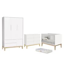 Dormitório Completo Infantil Classic 3 Portas, Cômoda 6 Gavetas, Berço Branco Fosco com Pés Madeira Natural e Colchão D18 - Reller Móveis Dormitório Completo Infantil Classic 3 Portas, Cômoda 6 Gavetas, Berço Branco Fosco com Pés Madeira Natural e Colchão D18 - Reller Móveis