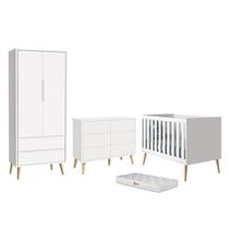 Dormitório Completo Infantil Theo 2 Portas, Cômoda 6 Gavetas, Berço Branco Fosco com Pés Madeira Natural e Colchão D18 - Reller Móveis Dormitório Completo Infantil Theo 2 Portas, Cômoda 6 Gavetas, Berço Branco Fosco com Pés Madeira Natural e Colchão D18 - Reller Móveis