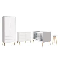 Dormitório Completo Infantil Theo 2 Portas, Cômoda 6 Gavetas, Berço e Mesa de Canto Branco Fosco com Pés Madeira Natural- Reller Móveis