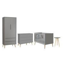 Dormitório Completo Infantil Theo 2 Portas, Cômoda 6 Gavetas, Berço e Mesa de Canto Cinza Fosco com Pés Madeira Natural- Reller Móveis