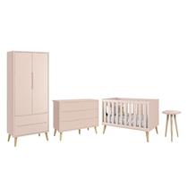 Dormitório Completo Infantil Theo 2 Portas, Cômoda 6 Gavetas, Berço e Mesa de Canto Rosa Fosco com Pés Madeira Natural- Reller Móveis