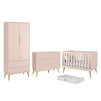 Dormitório Completo Infantil Theo 2 Portas, Cômoda 6 Gavetas, Berço Rosa Fosco com Pés Madeira Natural e Colchão D18 - Reller Móveis Dormitório Completo Infantil Theo 2 Portas, Cômoda 6 Gavetas, Berço Rosa Fosco com Pés Madeira Natural e Colchão D18 - Reller Móveis