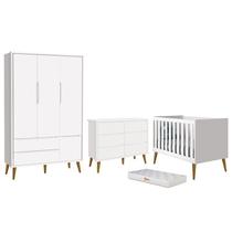 Dormitório Completo Infantil Theo 3 Portas, Cômoda 6 Gavetas, Berço Branco Fosco com Pés Amadeirado