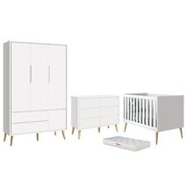 Dormitório Completo Infantil Theo 3 Portas, Cômoda 6 Gavetas, Berço Branco Fosco com Pés Madeira Natural e Colchão D18 - Reller Móveis Dormitório Completo Infantil Theo 3 Portas, Cômoda 6 Gavetas, Berço Branco Fosco com Pés Madeira Natural e Colchão D18 - Reller Móveis