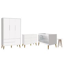 Dormitório Completo Infantil Theo 3 Portas, Cômoda 6 Gavetas, Berço e Mesa de Canto Branco Fosco com Pés Amadeirado - Reller Móveis