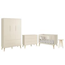 Dormitório Completo Infantil Theo 3 Portas, Cômoda 6 Gavetas, Berço e Mesa de Canto com Pés Madeira Natural - Reller Móveis
