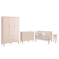 Dormitório Completo Infantil Theo 3 Portas, Cômoda 6 Gavetas, Berço e Mesa de Canto Rosa Fosco com P