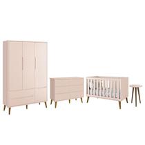 Dormitório Completo Infantil Theo 3 Portas, Cômoda 6 Gavetas, Berço e Mesa de Canto Rosa Fosco com Pés Amadeirado - Reller Móveis