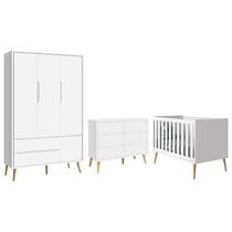 Dormitório Completo Infantil Theo 3 Portas, Cômoda 6 Gavetas e Berço Branco Fosco com Pés Madeira Na Dormitório Completo Infantil Theo 3 Portas, Cômoda 6 Gavetas e Berço Branco Fosco com Pés Madeira Na