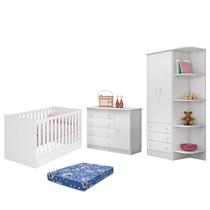 Dormitório Doce Sonho 2 Portas, Cômoda 1 Porta e Berço Mini Cama Branco com Colchão - Qmovi