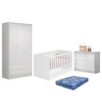 Dormitório Doce Sonho 3 Portas, Cômoda 1 Porta e Berço Mini Cama Branco com Colchão - Qmovi