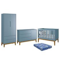 Dormitório Infantil Classic 2 Portas, Cômoda 1 Porta, Berço Azul com Pés Amadeirado e Colchão - Reller Móveis