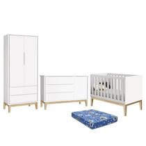 Dormitório Infantil Classic 2 Portas, Cômoda 1 Porta, Berço Branco Fosco com Pés Madeira Natural e Colchão - Reller Móveis Dormitório Infantil Classic 2 Portas, Cômoda 1 Porta, Berço Branco Fosco com Pés Madeira Natural e Colchão - Reller Móveis