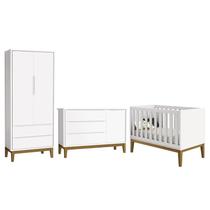 Dormitório Infantil Classic 2 Portas, Cômoda 1 Porta e Berço Branco Fosco com Pés Amadeirado - Reller Móveis Dormitório Infantil Classic 2 Portas, Cômoda 1 Porta e Berço Branco Fosco com Pés Amadeirado - Reller Móveis
