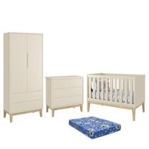 Dormitório Infantil Classic 2 Portas, Cômoda 3 Gavetas, Berço com Pés Madeira Natural e Colchão - Reller Móveis Dormitório Infantil Classic 2 Portas, Cômoda 3 Gavetas, Berço com Pés Madeira Natural e Colchão - Reller Móveis