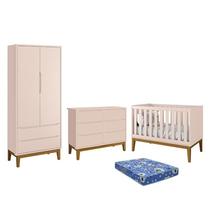 Dormitório Infantil Classic 2 Portas, Cômoda 6 Gavetas, Berço Rosa Fosco com Pés Amadeirado e Colchão - Reller Móveis Dormitório Infantil Classic 2 Portas, Cômoda 6 Gavetas, Berço Rosa Fosco com Pés Amadeirado e Colchão - Reller Móveis