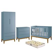 Dormitório Infantil Classic 2 Portas, Cômoda, Berço Azul com Pés Amadeirado e Colchão D18 - Reller Móveis