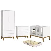 Dormitório Infantil Classic 2 Portas, Cômoda, Berço Branco com Pés Amadeirado e Colchão D18 - Reller Móveis Dormitório Infantil Classic 2 Portas, Cômoda, Berço Branco com Pés Amadeirado e Colchão D18 - Reller Móveis