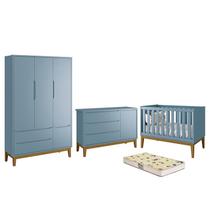 Dormitório Infantil Classic 3 Portas, Cômoda 1 Porta, Berço Azul com Pés Amadeirado e Colchão D18 - Reller Móveis