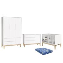 Dormitório Infantil Classic 3 Portas, Cômoda 1 Porta, Berço Branco Fosco com Pés Madeira Natural e Colchão - Reller Móveis Dormitório Infantil Classic 3 Portas, Cômoda 1 Porta, Berço Branco Fosco com Pés Madeira Natural e Colchão - Reller Móveis