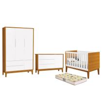 Dormitório Infantil Classic 3 Portas, Cômoda 1 Porta, Berço com Pés Amadeirado e Colchão D18 - Reller Móveis Dormitório Infantil Classic 3 Portas, Cômoda 1 Porta, Berço com Pés Amadeirado e Colchão D18 - Reller Móveis