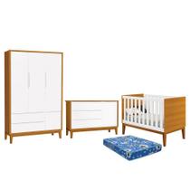 Dormitório Infantil Classic 3 Portas, Cômoda 1 Porta, Berço com Pés Amadeirado e Colchão - Reller Móveis
