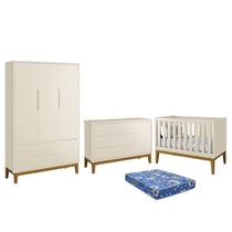 Dormitório Infantil Classic 3 Portas, Cômoda 1 Porta, Berço com Pés Amadeirado e Colchão - Reller Móveis