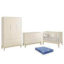 Dormitório Infantil Classic 3 Portas, Cômoda 1 Porta, Berço com Pés Madeira Natural e Colchão - Reller Móveis