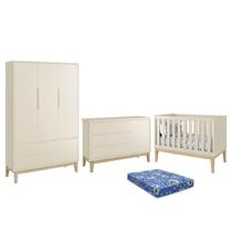 Dormitório Infantil Classic 3 Portas, Cômoda 1 Porta, Berço com Pés Madeira Natural e Colchão - Reller Móveis Dormitório Infantil Classic 3 Portas, Cômoda 1 Porta, Berço com Pés Madeira Natural e Colchão - Reller Móveis
