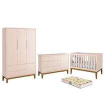 Dormitório Infantil Classic 3 Portas, Cômoda 1 Porta, Berço Rosa com Pés Amadeirado e Colchão D18 - Reller Móveis Dormitório Infantil Classic 3 Portas, Cômoda 1 Porta, Berço Rosa com Pés Amadeirado e Colchão D18 - Reller Móveis