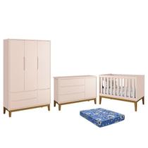 Dormitório Infantil Classic 3 Portas, Cômoda 1 Porta, Berço Rosa com Pés Amadeirado e Colchão - Reller Móveis Dormitório Infantil Classic 3 Portas, Cômoda 1 Porta, Berço Rosa com Pés Amadeirado e Colchão - Reller Móveis