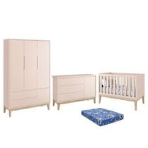 Dormitório Infantil Classic 3 Portas, Cômoda 1 Porta, Berço Rosa Fosco com Pés Madeira Natural e Colchão - Reller Móveis Dormitório Infantil Classic 3 Portas, Cômoda 1 Porta, Berço Rosa Fosco com Pés Madeira Natural e Colchão - Reller Móveis