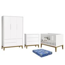 Dormitório Infantil Classic 3 Portas, Cômoda 3 Gavetas, Berço Branco com Pés Amadeirado e Colchão - Reller Móveis