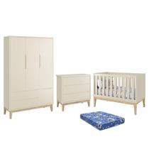 Dormitório Infantil Classic 3 Portas, Cômoda 3 Gavetas, Berço com Pés Madeira Natural e Colchão - Reller Móveis