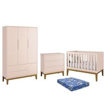 Dormitório Infantil Classic 3 Portas, Cômoda 3 Gavetas, Berço Rosa com Pés Amadeirado e Colchão - Reller Móveis