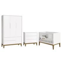Dormitório Infantil Classic 3 Portas, Cômoda 3 Gavetas e Berço Branco Fosco com Pés Amadeirado - Reller Móveis Dormitório Infantil Classic 3 Portas, Cômoda 3 Gavetas e Berço Branco Fosco com Pés Amadeirado - Reller Móveis