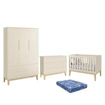 Dormitório Infantil Classic 3 Portas, Cômoda 6 Gavetas, Berço com Pés Madeira Natural e Colchão - Reller Móveis