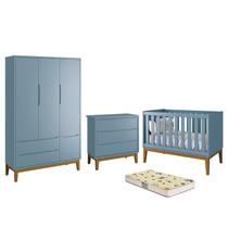 Dormitório Infantil Classic 3 Portas, Cômoda, Berço Azul com Pés Amadeirado e Colchão D18 - Reller Móveis