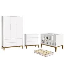 Dormitório Infantil Classic 3 Portas, Cômoda, Berço Branco com Pés Amadeirado e Colchão D18 - Reller Móveis Dormitório Infantil Classic 3 Portas, Cômoda, Berço Branco com Pés Amadeirado e Colchão D18 - Reller Móveis
